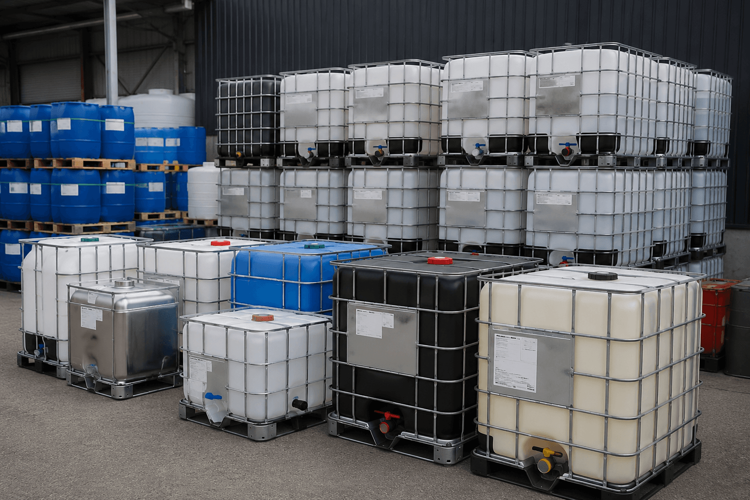 Warehouse yard with various IBC totes including white, blue, black, and stainless steel containers