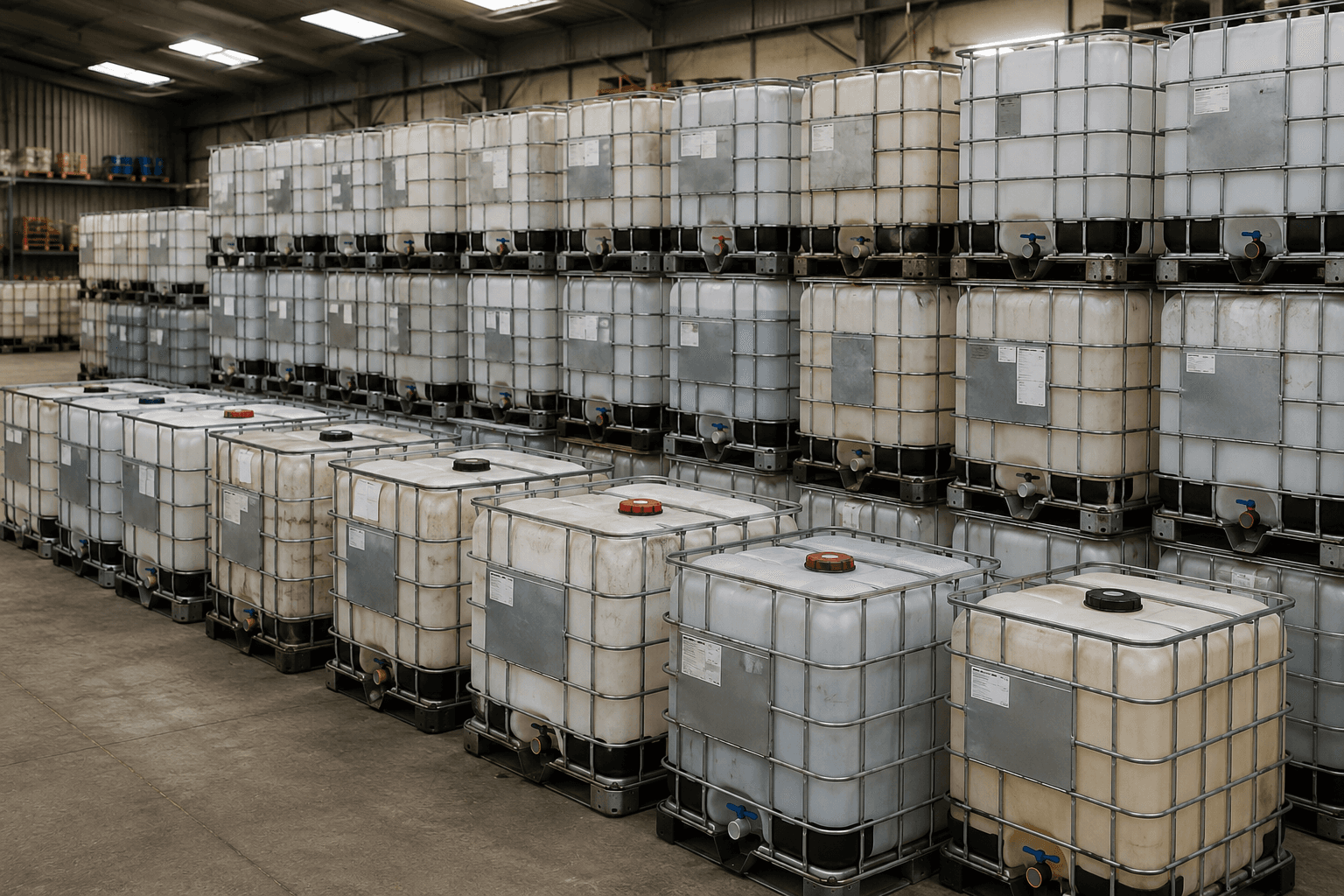Stacked IBC totes in warehouse rows ready for professional cleaning and reconditioning processing